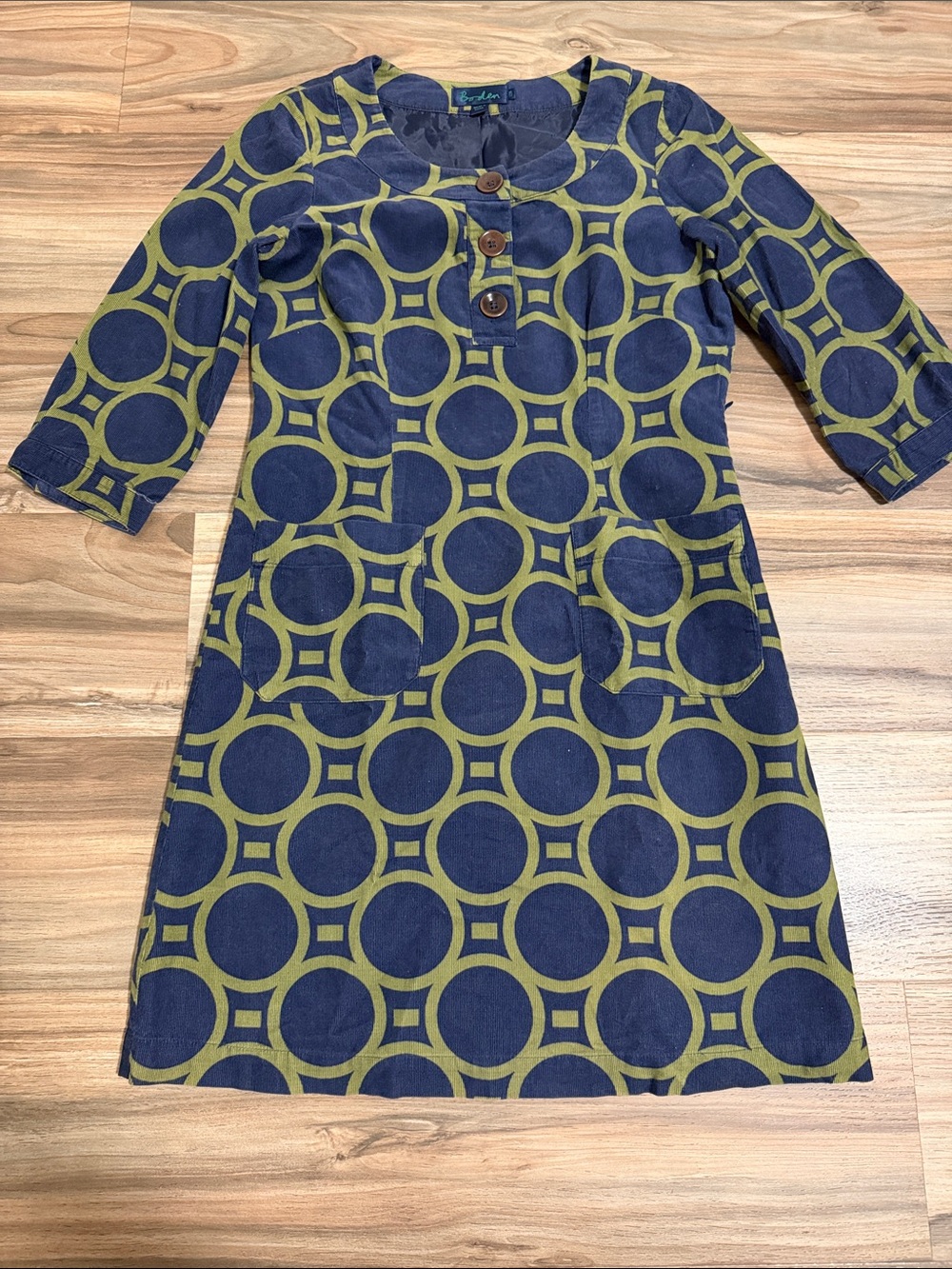 Boden Dress Womens 10 Navy Green Corduroy Geometric Retro 60s Style Disco